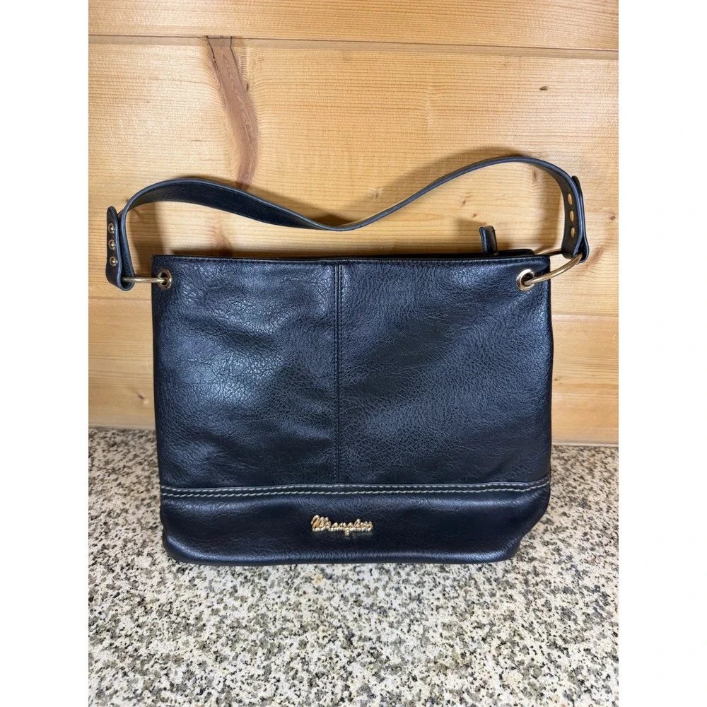 Wrangler Black Faux Leather Hobo Shoulder Bag Gold Logo Western Handbag